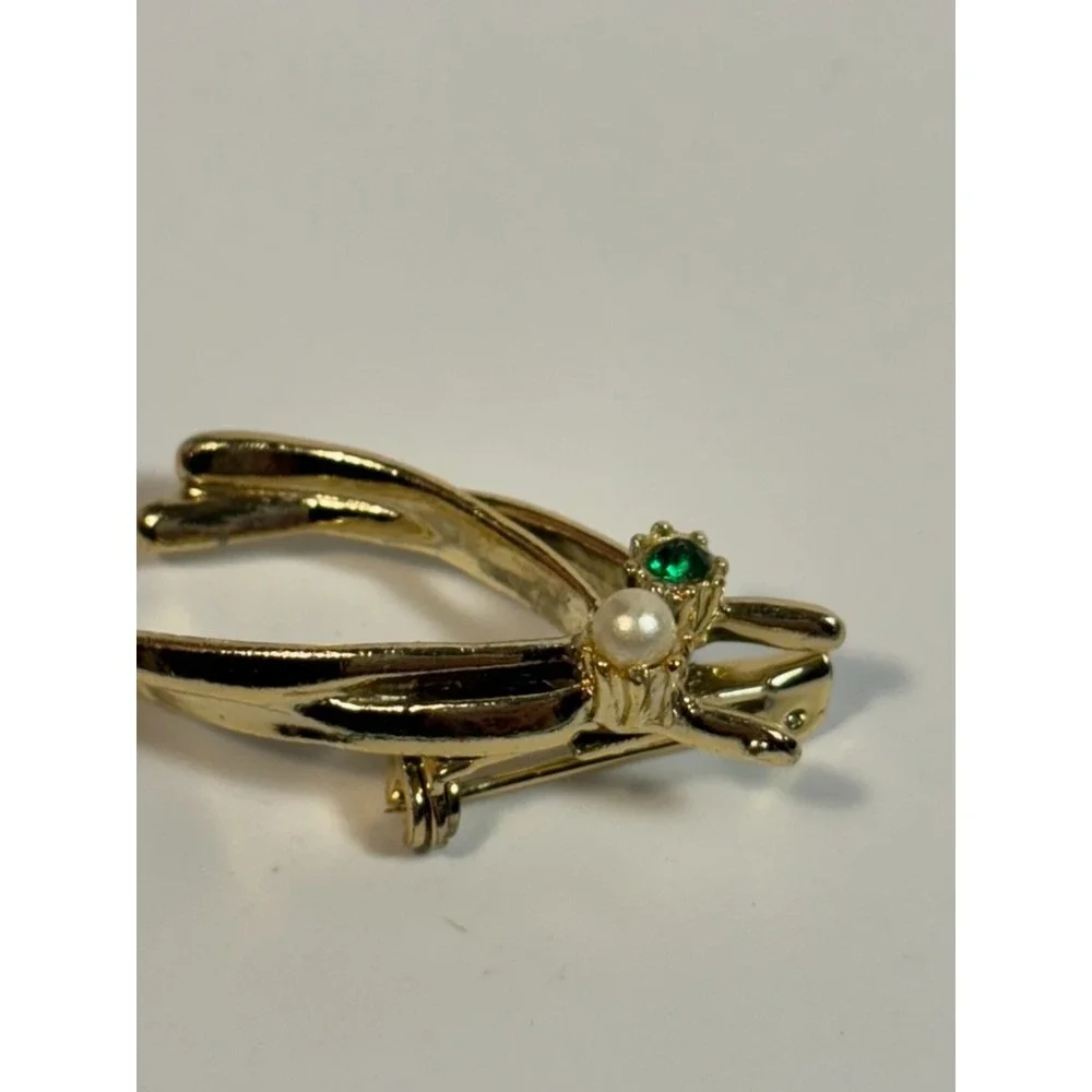 Vintage Brooch Lucky Wish Bone Faux Pearl‎ Green Rhinestone
